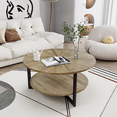 LEEMTORIG 33.5" Round Wood Coffee Table, 2-Tier Circle Round Coffee Table with Storage for Living Room, Mid-Century Modern Style with Texture Surface, Yellowish Brown with Black Metal Legs, KFZ-1338 - Image 6