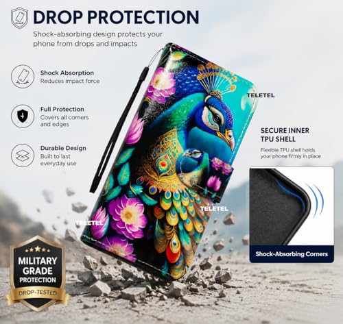 Image of TELETEL Peacock Design Leather Flip Back Phone Case Wallet Cover with Card Slot Holder Kickstand - Multicolor for Vivo V50 5G