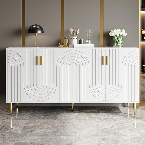BTM Buffet Salon, Buffet Cusine avec 4 Portes, Meuble de Rangement avec Poignées et Pieds en Or, Conception en Forme de Vague, 152x40x75cm, Blanc