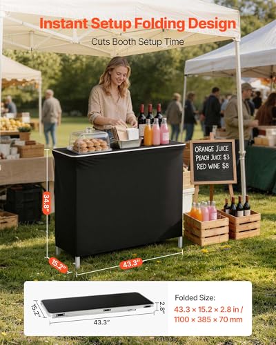 Image of VEVOR Folding Portable Bar Table, 43.3 x 15.2 x 34.8 in, with Carry Bag, 2 Storage Shelves, and Detachable Skirt, Quick and Easy Setup, Foldable Mobile Bartending Station for Events, Party, Tradeshow