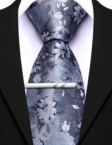 Image of Barry.Wang Floral Ties for Men Flower Necktie with Tie Clip Formal