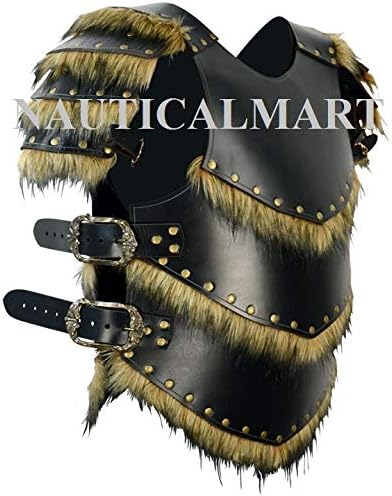 NauticalMart Barbarian Leather Jacket W/Pauldron Leather Armor for LARP Black Body Armor