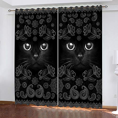 SATUSA Cortinas Habitacion Dormitorio 3D Gato Animal Negro Patrón Cortinas Opacas Termicas Aislantes Frío Y Calor Reduccion Ruido Proteccion Intimidad para Hogar, 2 Paneles 280X260Cm