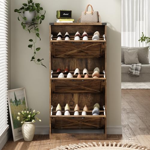 Maupvit-24-W-Farmhouse-Shoe-Cabinet-Storage-for-Entryway-Freestanding-Organizer-with-3-Flip-Drawers-Narrow-Shoe-Rack-Cabinet-with-Metal-Corner-Decoration-Rustic-Brown Maupvit 24 W Farmhouse Shoe Cabinet Storage for Entryway Freestanding Organizer with 3 Flip Drawers Narrow Shoe Rack Cabinet with Metal Corner Decoration Rustic Brown