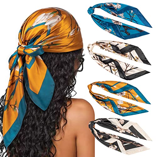 DRESHOW 4 Pack Pañuelos Satén Cuadrados Grandes Pelo Accesorios Seda de Playa Estampado Clásico para Mujer