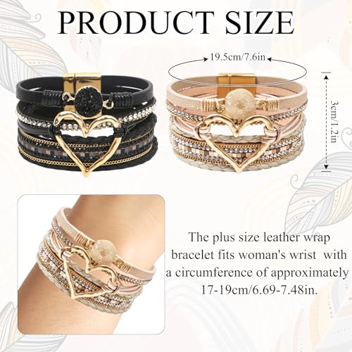 2Pcs Leather Wrap Bracelets for Women, Layered Heart Bracelet with Clasp, Multilayer Stack Boho Leather Bracelets for Women2