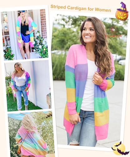 Image of ECOWISH Cardigan Sweaters for Women Fall Causal Color Block Striped Long Sleeve Open Front Cozy Knitted Coats Spring Outwear