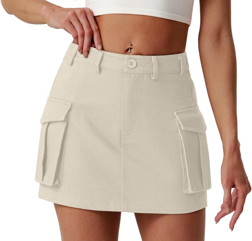 Lepunuo Cargo Skirt Y2K Mini High Waisted Elastic Bodycon Denim Jean Flap Button Skirts with Pockets