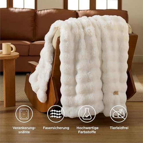 BEDSURE Bubble Decke - Kuscheldecke Flauschig, Dicke und Warme Sofadecke Für Den Winter, Kunstfelldecke, Plüsch Blanket Für Couch und Bett, Wolldecke Überwurf für Zimmer Deko, Cremeweiß, 130 X 170 cm