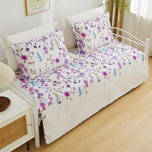 Image of Jarson 3 Pcs Floral Daybed Cover Set Twin Size Purple White Lilac Flower Sofa Cover Bedding Sets Double Side Bed Set for All Season Botanical Pattern Daybed Quilt Set with Pillow Shams