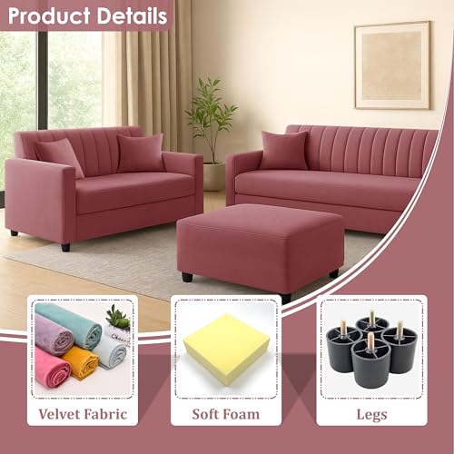 Image of 3+2 Fabric Sofa Set with Ottoman for Living Room | Modern Upholstered 5-Seater Couch | Soft Cushion, Premium Velvet Fabric-Rose Pink