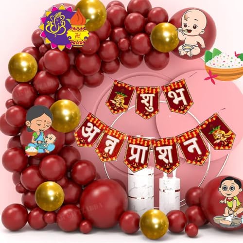 Image of AR Giftzadda Annaprashan Ceremony Banner Decorations Balloon Kit, Shubh Annaprashan Decoration Items Rice Eating Ceremony Kit with Props Cutouts Red & Gold Color (RK 2)