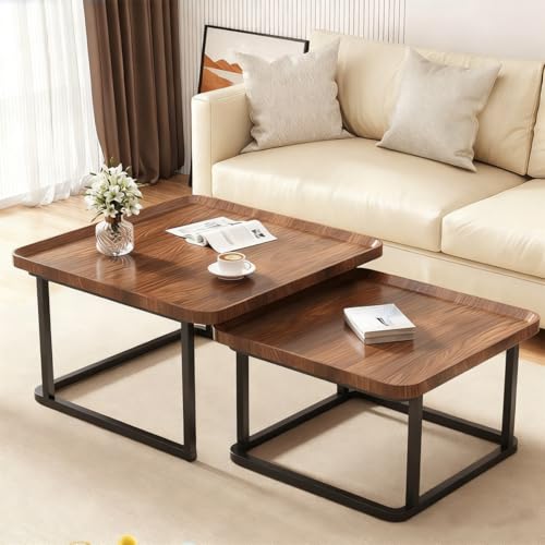 Fohouse Nesting Coffee Table 2-Piece Set - Living Room Table Set, Includes Center Table & Side Tables for Living Room Bedroom Balcony Yard, Industrial End Table