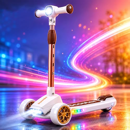 Image of Heega Foldable Kick Scooter for Kids with 4 Level Adjustable Height, PU LED Wheels, Lights and Music for 3+ Years Baby Boy & Girl of Up to 75kg Weight (Cream Gold)
