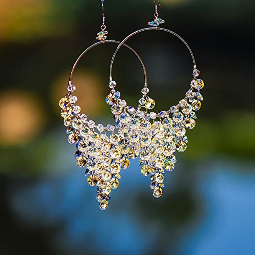 925 Sterling Silver Boho Hoop Earrings Chandelier Drop Statement with Crystals Jewelry Dangles multiple Tassels, Party Jewel Made by Handcraft2