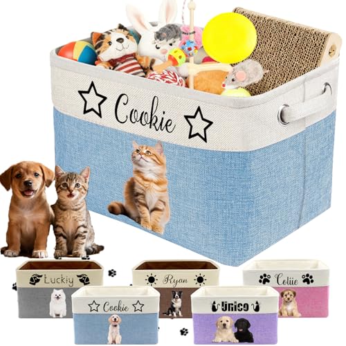 Personalized Dog Cat Toy Storage Basket with Pet's Name Custom Foldable Storage Box with Handles for Blankets Pet Stuff, Toys, Clothes