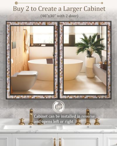 Image of 20 inchx30 inch Black Bathroom Medicine Cabinet with Mirror, Art Deco Mother of Pearl Vanity Mirror with Storage, Reversible Wall Mount or Recessed, Left or Right Open, 3 Shelves 1 organizer Large Space