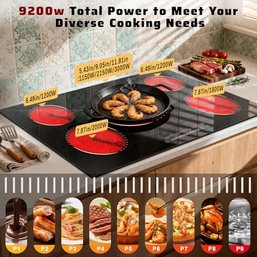 Image of 36 Inch Electric Cooktop 5 Burner Electric Stove Top 9200W, Triple‑Ring Central Burner, 9‑Level Slide Control, Touch Control with Safety Lock, 99‑Mins Timer, Pause, Built‑In Size 34.25x19.29 Inch