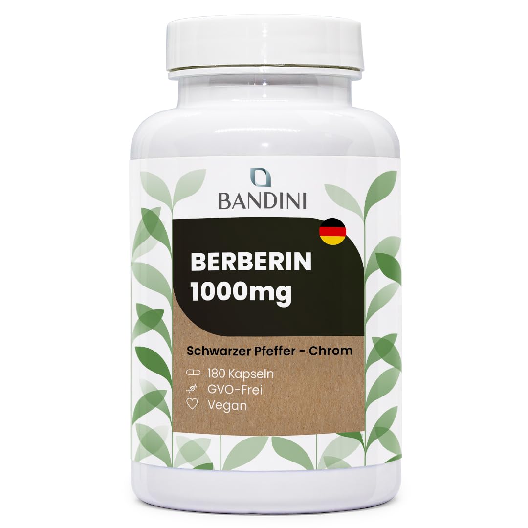 Bandini® Berberin 1000mg rein hochdosiert | 180 vegane Kapseln | Reines Berberin HCl aus Berberis Aristata 97% + Chrom und Schwarzer Pfeffer | Maximale Absorption | Verdauung, Leber, Darmfunktion