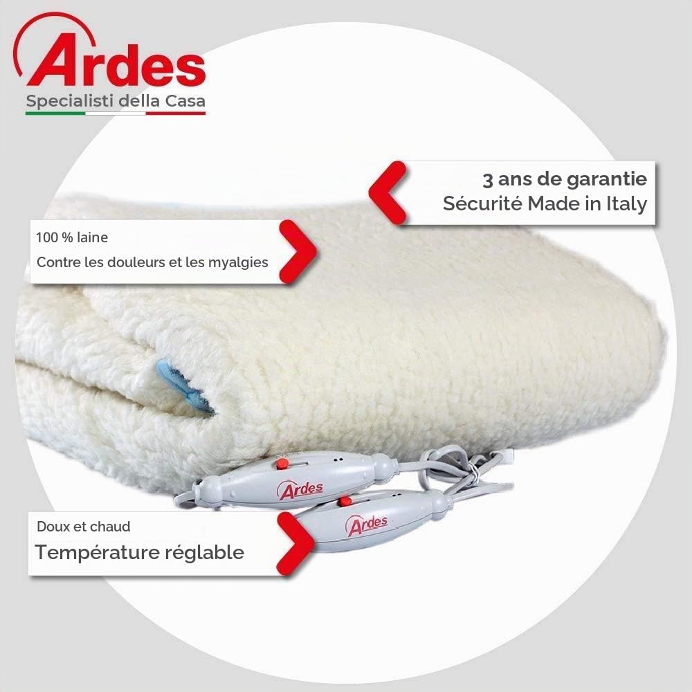 ARDES - AR4AM22 Chauffe-lit 2 Places Électrique MORPHEO Couverture Chauffante 2x60W, Surmatelas Chauffant Lit 2 places Électrique 2 Zones Chauffage, Couverture Thermique Électrique 100% Laine