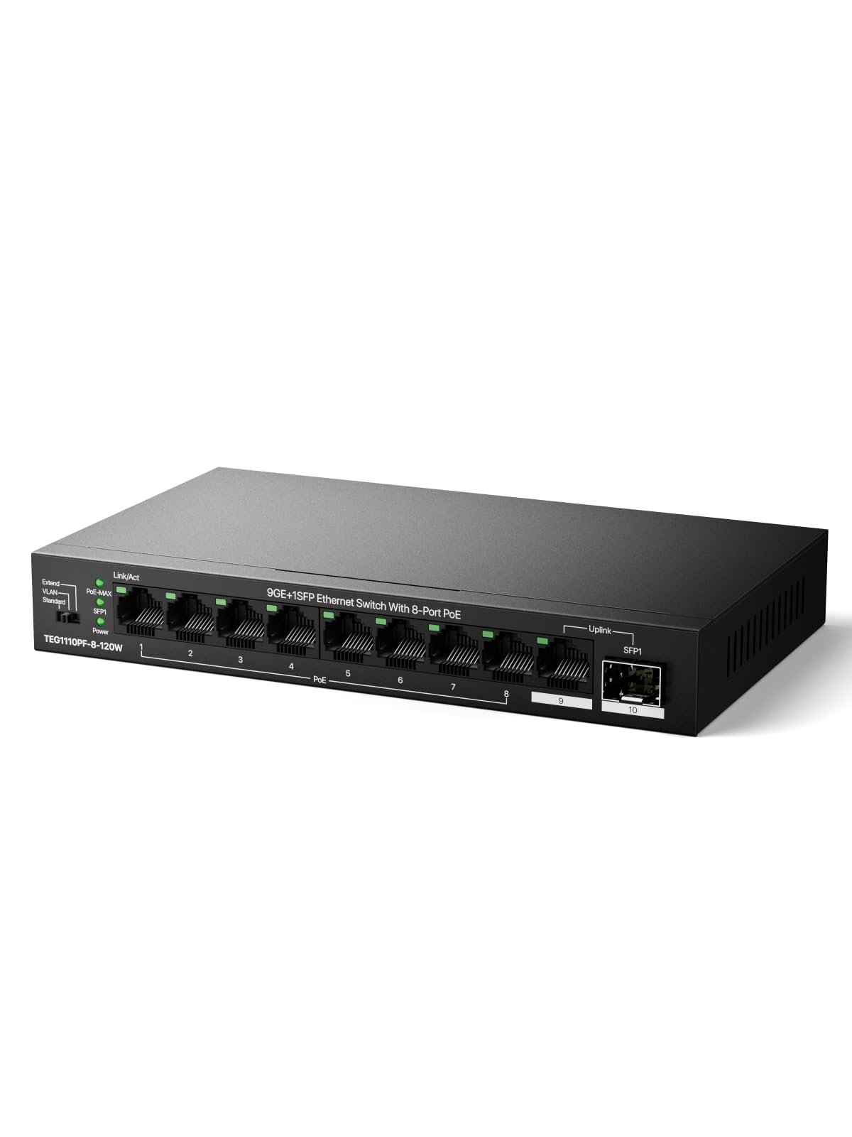 Tenda Switch PoE 8 Puertos PoE+, 1 Puerto Gigabit Uplink, 1 Puerto SFP, Presupuesto PoE 110 W IEEE 802.AF/at, VLAN, Alcance PoE de hasta 250 m, Sin Ventilador, Carcasa Metálica(TEG1110PF-8-120W)