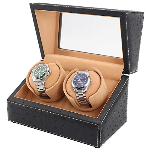 Driklux Double Watch Winder For Rolex And Other Luxury Watches - Automatic Winder With Quiet Motor, Premium Black Ostrich Leather Exterior And Soft Flexible Watch Pillows Of Camel Velvet #TOP2