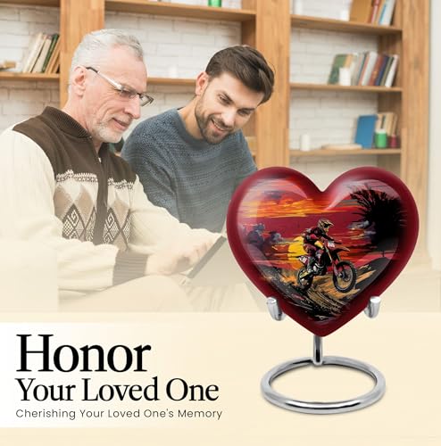 Image of Motorcycle Biker Cremation Urns - Combo of 5 with 8 Inch Heart Ash Holder for Dad & Adult Female and 3 Inch Sunset Keepsake Urns for Mom, Men & Women - Funeral Memorial Ash Containers