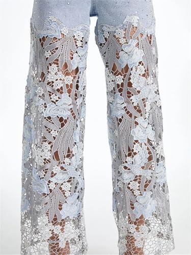 Women’S High Waist Straight Jeans with Solid Loose Spliced Hollow Out and Wide Leg Pants4