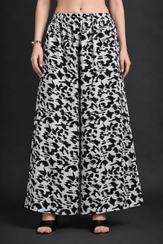 Image of Viscose Rayon Flared Printed Plazzo Palazzo Pants, Loose /Relaxed Fit Regular, Office Wear, Casual Wear Comfortable, Trouser Pants for Girls & Women Black Kerri Design (S to 3XL Size)