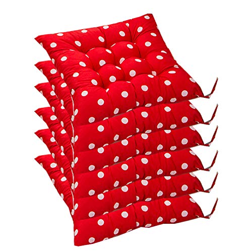 Ernzi 6 Padded Cushion Chair Seat Pads With Ties,Garden Kitchen Dining Chair Cushions Tie On(Polka Dot)-Quilted Design-40X40X8Cm/15.7X15.7X3Inch(Red) #TOP9