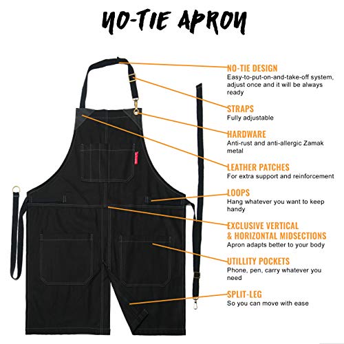 Under NY Sky No-Tie Opaque Black Apron - Durable Twill, Leather Reinforcement and Split-Leg - Adjustable for Men and Women - Pro Barber, Tattoo, Barista, Bartender, Baker, Hair Stylist, Server Apron