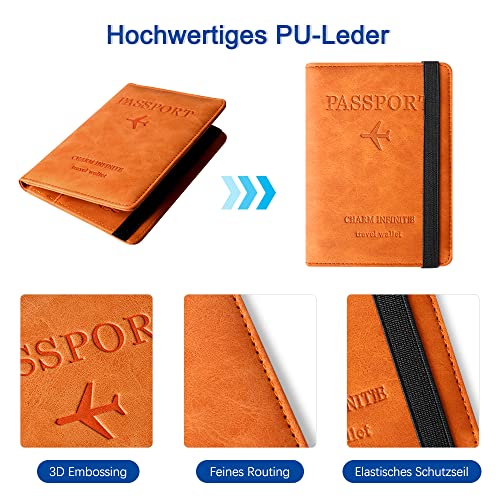 Czyan Reisepasshülle, Kunstleder Schutzhülle Reisepass mit RFID Blockier Schutzhülle Impfausweis Schutzhülle Tasche für Kreditkarten Ausweis und Reisedokumente(Orange)