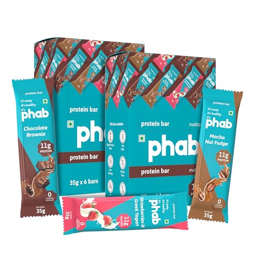 Image of Phab Assorted Protein Bars (Chocolate, Mocha, Strawberry) 11g Protein, No Added Sugar | High Fibre, Trans Fat-Free & No Preservatives |Healthy & Tasty | GMO Free (Pack of 12 x 35g)