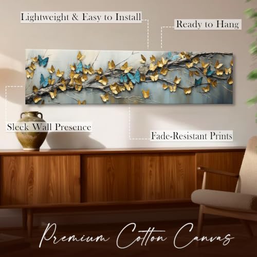 Image of Large Stretched Canvas Painting, Panel Wall Painting Blue and yellow Butterfly Luxury Paintings for Home Decoration, Living room, Bedroom and Office Decor - Gold, 12x46 Inch