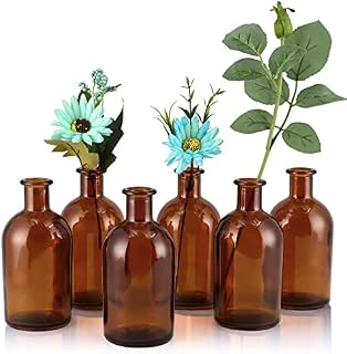 MDLUU 6 Pcs Bud Vases, Mini Flower Jars 13.5cm, Vintage Glass Bottles for Home Decoration, Wedding Table, Centerpiece Arrangement (Amber)