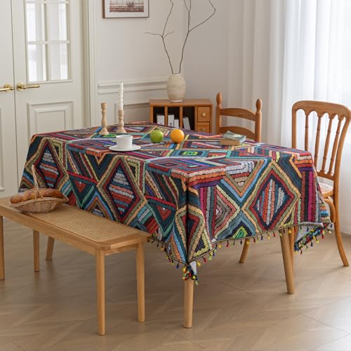 Erbnaryx Handblock Print Tablecloth for Square Tables, Geometric Stitch Table Cover with Fringed Edges, Decorative Tablecloth for Kitchen and Dining Room,59"x 59" by Erbnaryx - Image 5