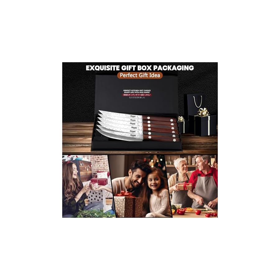 Huusk Steak Knives Set of 6, Japanese Steak Knives 4.9 Inch with Damascus Patterns, Non-serrated Steak Knife Sets With Sheaths, Sharp Steak Knife Set With Gift Box