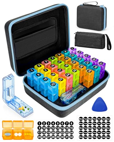 Image of Monthly Pill Organizer 3 Times a Day, with Portable Hard Shell, Pill Cutter, 31-Day Box, Plastic Opening Pick, Monthly & Weekly Stickers, Convenient Medication Management (Blue, 3 Times a Day)