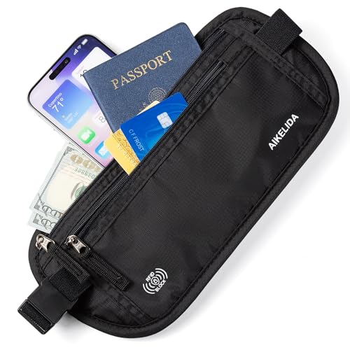 Image of RFID Blocking Money Belt - Passport Holder & Travel Wallet, Slim Hidden Fanny Packs for Women Men - Black