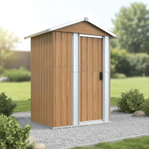 Caseta de jardín marrón 126x97,5x177 cm, Acero galvanizado, caseta para Herramientas con Puerta corredera, caseta de jardín metálica con Suelo para Herramientas de jardín y Accesorios de Piscina