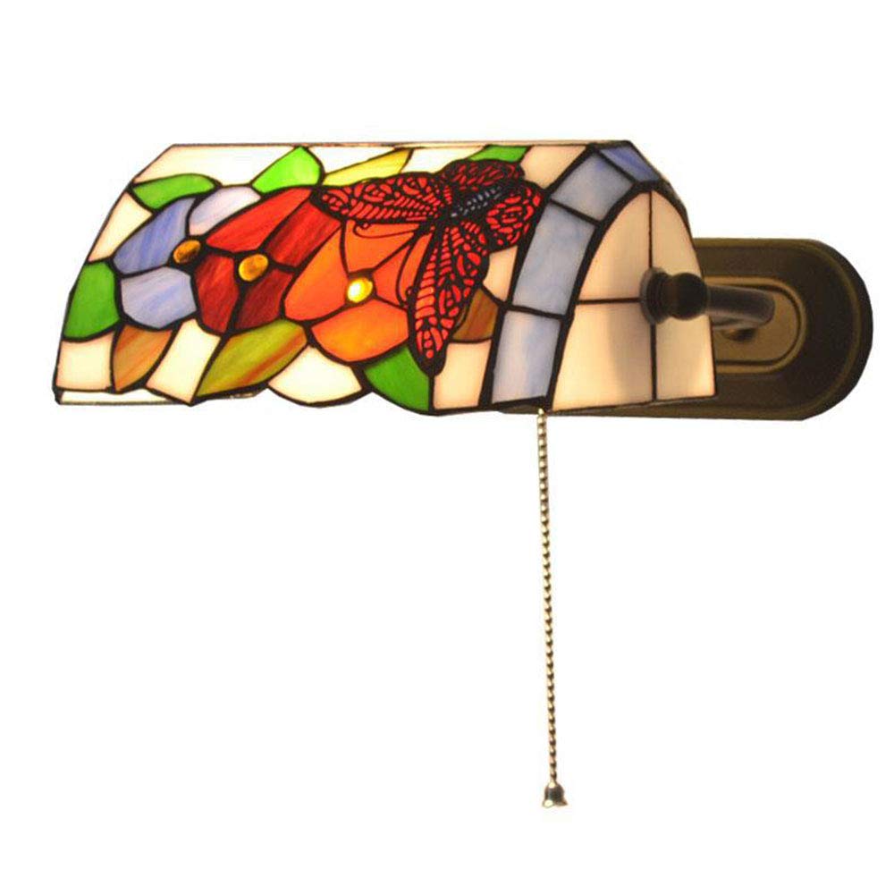 Wlxjdj Red Traditional Indoor Wall Light, Rustic Tiffany Style Wall Lamp Bedroom Bedside Reading Lamps With Pull Cord Switch 8.7 Inch Stained Glass Lampshade For Loft Living Room Study, E27 Max 60W,