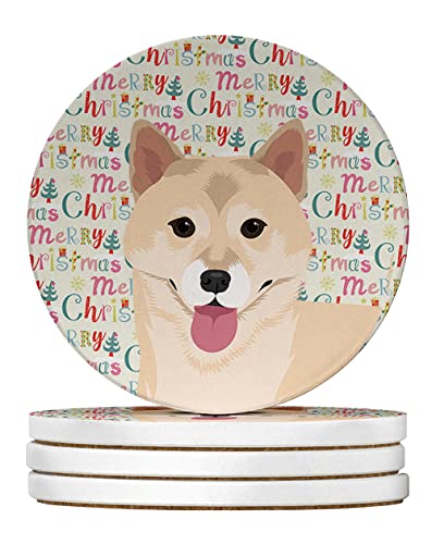 Caroline's Treasures Shiba Inu Cream #1 Christmas Large Sandstone Coasters Pack of 4 Absorbent Round Coasters Decor Gifts for Men or Women, 4 in, Multicolor