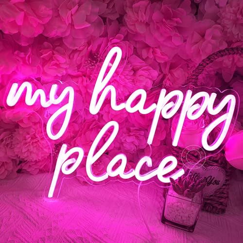 Image of SYLHOME Pink My Happy Place LED Neon Light Sign USB Girls Babys Bedroom Living Room Kitchen Wall Decor Sign Wedding Party Sign Christmas Birthday Gifts 15.8 inch X 11.2 inch 5V Teens