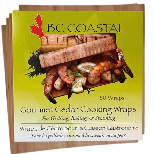 BC Coastal Premium Cedar Wraps for Grilling 6”x 6” - Ultra-Thin Cedar Planks Wraps for Grilling Salmon & Shrimps - Cedar Grilling Wraps - Cut Each Wrap into 3 to Make 150 Appetizers - (50 Wraps)