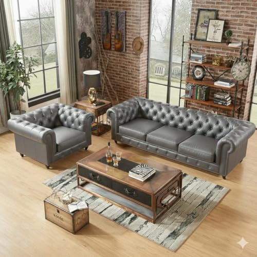 Image of Classic Leatherette Chester Sofa Set Button Tufted, Classic Style Sofa Set 3-Person Sofa for Living Room, Office, and Hallway Colour (Grey Leatherette, 3+1 = 4 Seater Sofa)