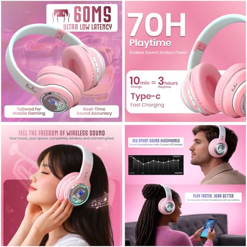 Image of PunnkFunnk Astro Junior Wireless Bluetooth Headphones with BT 5.3, Noise Cancelling, Hi-Res Audio, 40mm Drivers, Deep Bass, Memory Foam Ear Cushions, Over-Ear Headset for Kids, Teens & Adults (Pink)