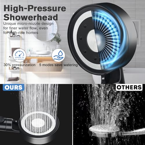 BEIJIE Duschkopf mit 4 PP Filter, Duschbrause Hochdruck mit 5 Strahlarten, Handbrause Wassersparend mit Stoppfunktion, Regendusche Duschkopf Schwarz - Starker Strahl Für Gereinigtes Weicheres Wasser