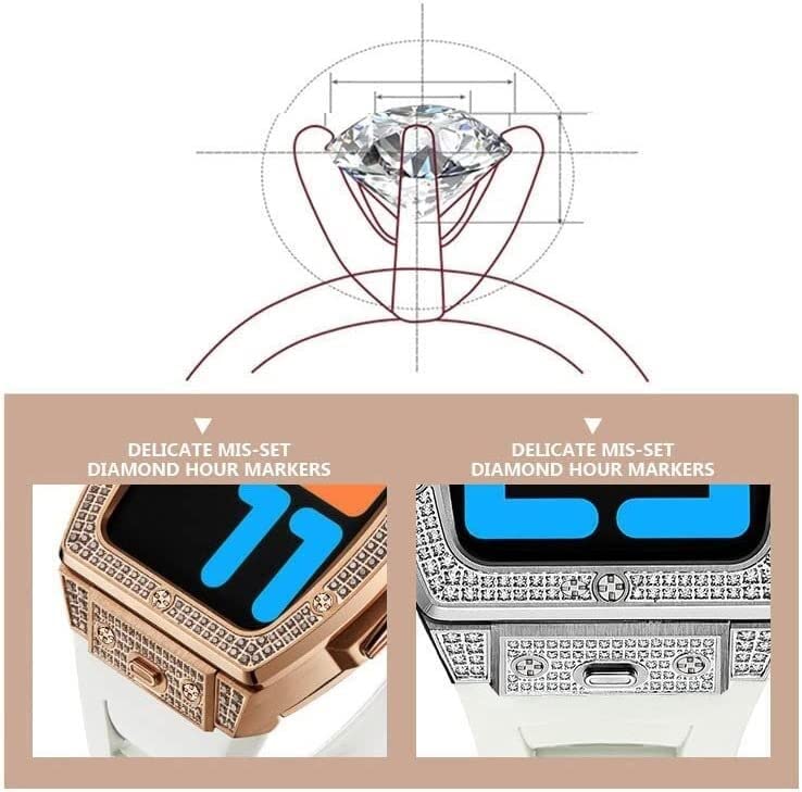 Boîtier en métal pour Apple Watch 45mm en strass brillant avec bracelet en caoutchouc chic