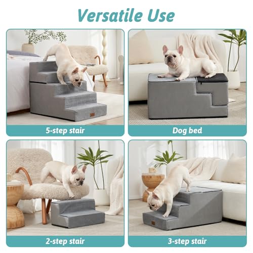 Image of COZY KISS Dog Stairs for Small Dogs, 5 Step Pet Stairs for Beds & Couches | 23.6 inch H Wide Non-Slip Dog Steps with Removable Tiers & Support Board for Puppies, Older Cats & Dogs, Grey
