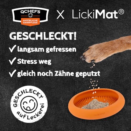 QCHEFS ZAHNPUTZFLOCKEN & Schleckmatte UFO nach dem Hundefutter und als Hundezubehör zur Beruhigung beim Duschen und zur Zahnpflege Mundgeruch-Zahnfleischentzündung und Zahnstein Weg